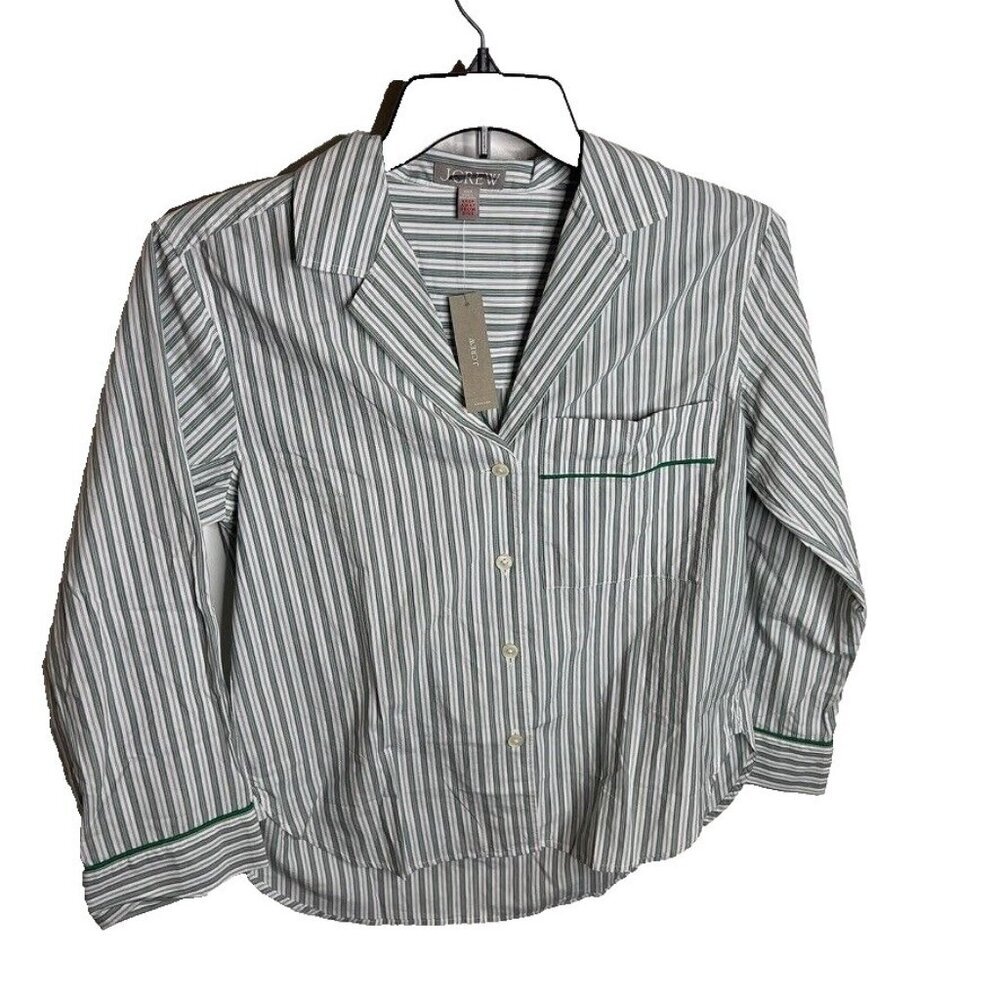 J. Crew Striped Cotton Pajama Shirt in White and Gray with Green Trim